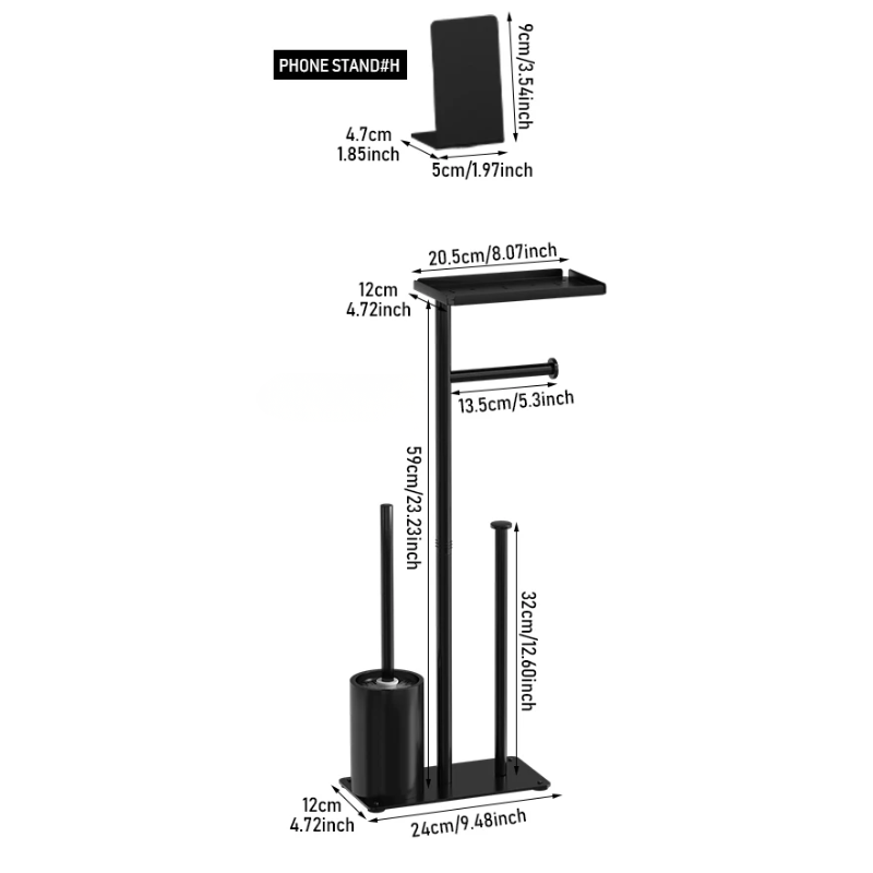 Floor Standing Toilet Paper Holder Stand with Brush and Phone Shelf Storage Rack Black