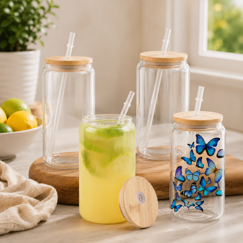 4 Piece 16oz Clear Glass Tumblers with Bamboo Lid DIY Sublimation Cups Set