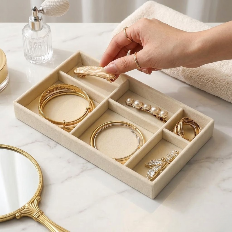 6 Grid Wooden Jewelry Storage Tray Drawer Style Organizer Partitioned Ring Earring Holder