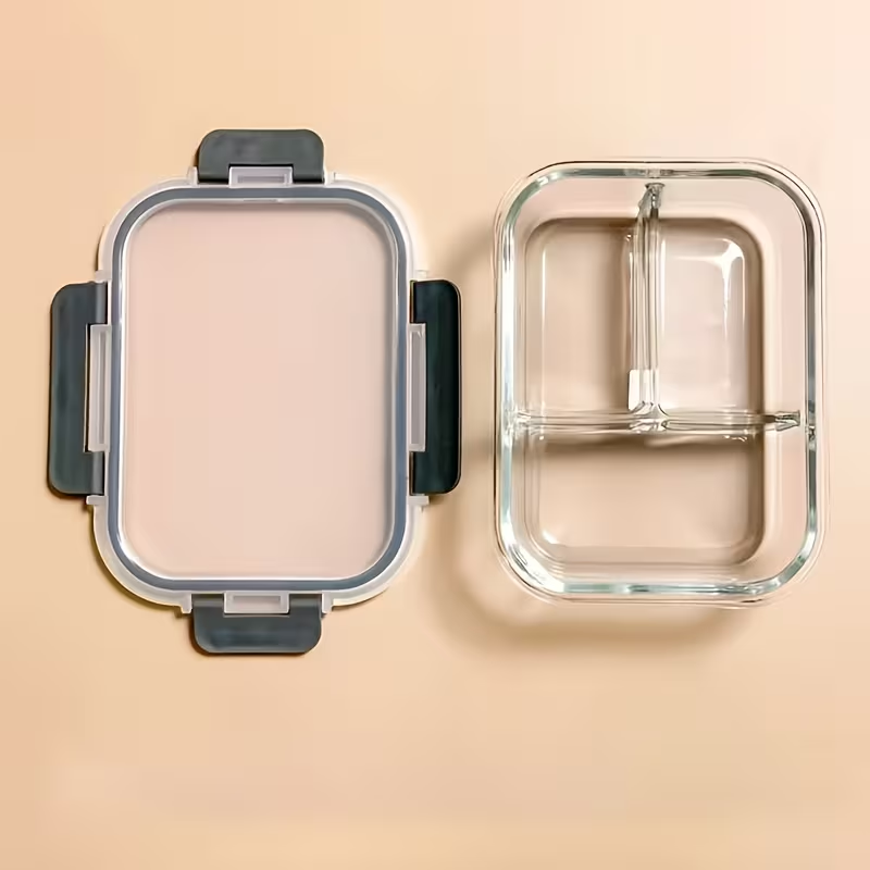 1040ml Rectangular Glass Lunch Box with Compartments Locking Lid Microwave Freezer Dishwasher Friendly