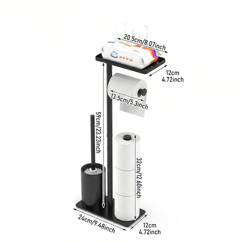 Floor Standing Toilet Paper Holder Stand with Brush Storage Bathroom Rack Black
