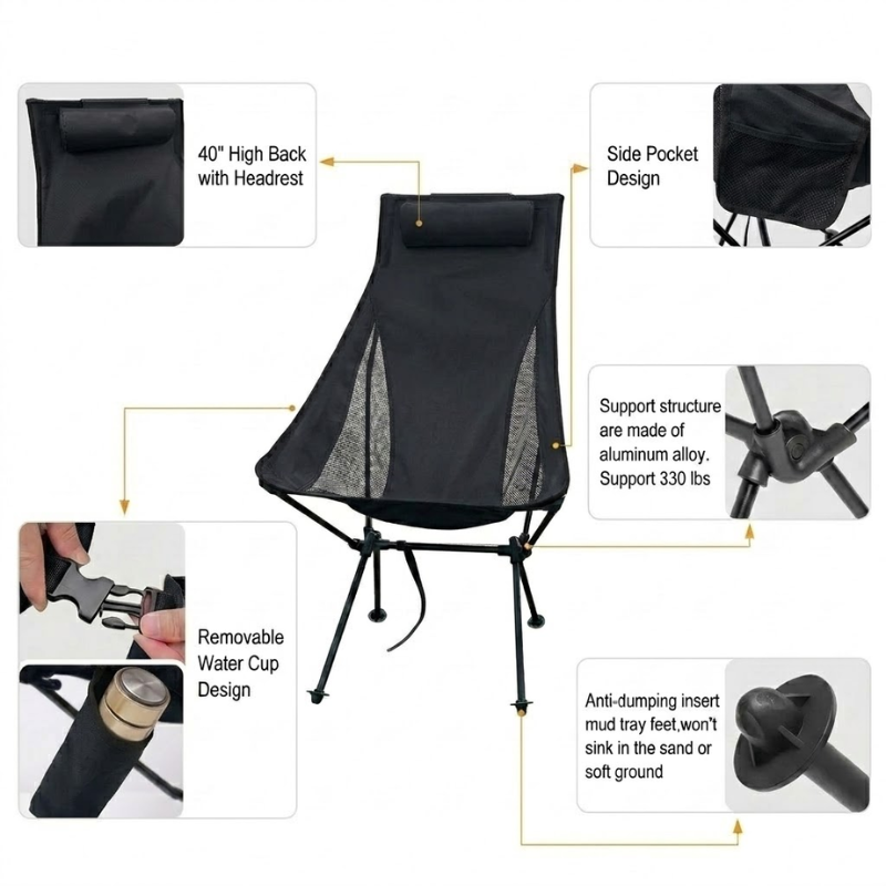 Portable Folding Camping Chair Black with Headrest Lightweight Aluminium Outdoor Chair