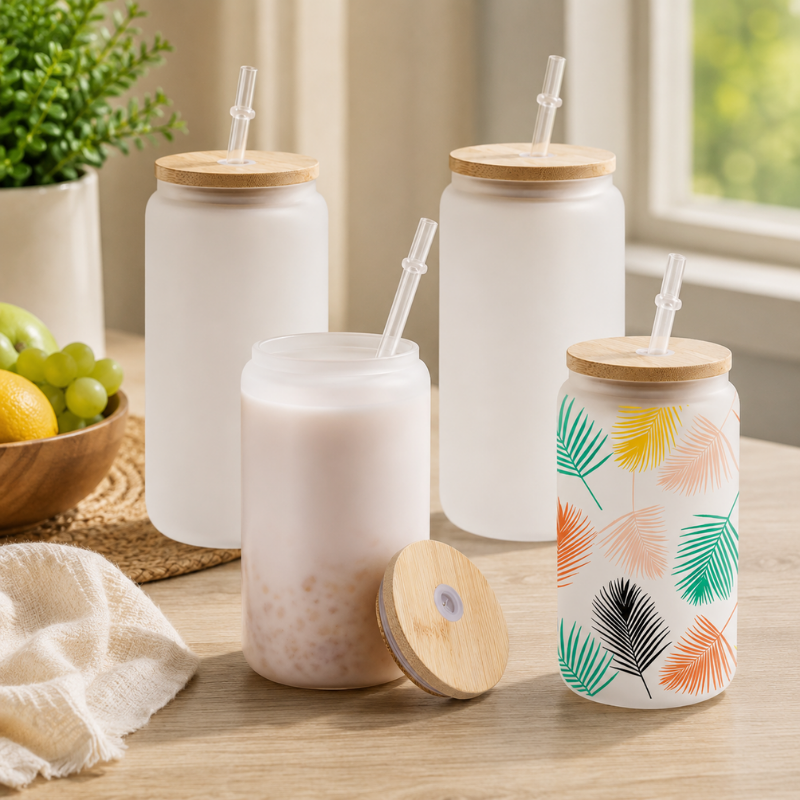 4 Piece 16oz Frosted Glass Tumblers with Bamboo Lid DIY Sublimation Cups Set