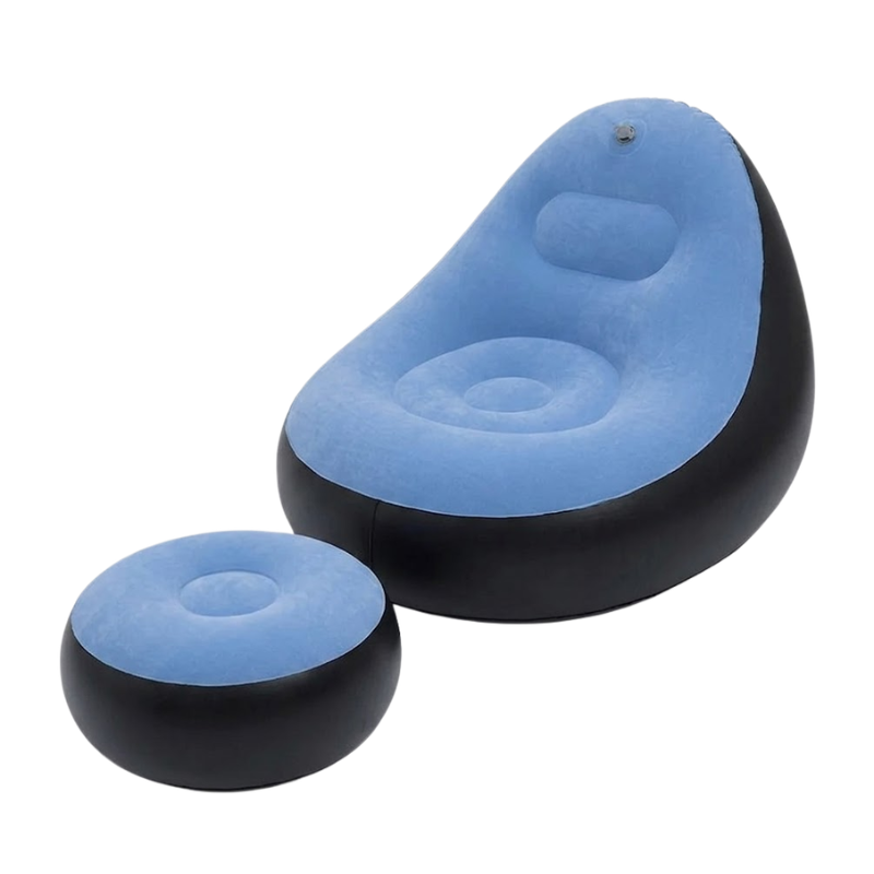 Inflatable Light Blue Lazy Sofa Chair with Ottoman Foldable PVC Flocking Lounge Chair for Indoor Outdoor Use