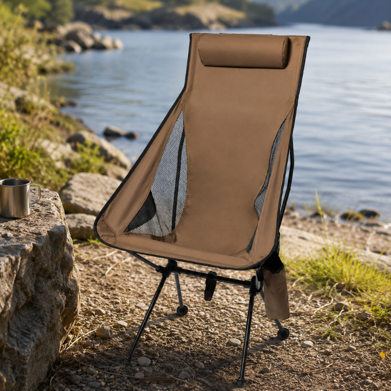 Portable Folding Camping Chair Brown with Headrest Lightweight Aluminium Outdoor Chair