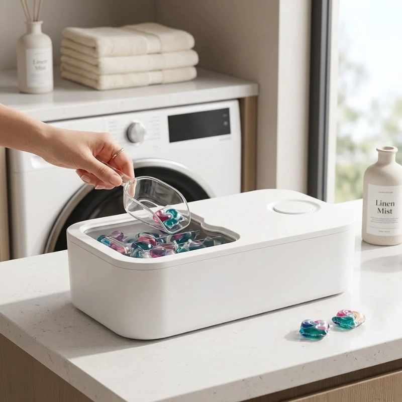 Laundry Pod Storage Container with Sliding Lid White Plastic Organizer Box