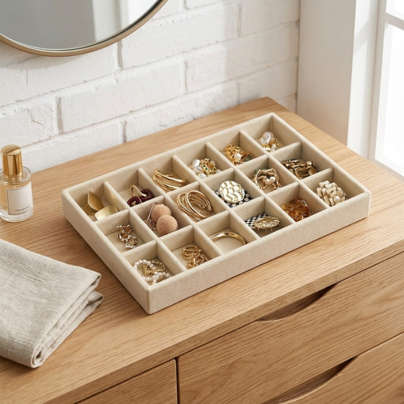 18 Grid Wooden Jewelry Storage Tray Drawer Style Organizer Partitioned Ring Earring Holder