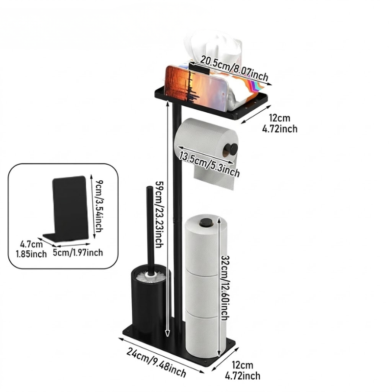 Floor Standing Toilet Paper Holder Stand with Brush and Phone Shelf Storage Rack Black