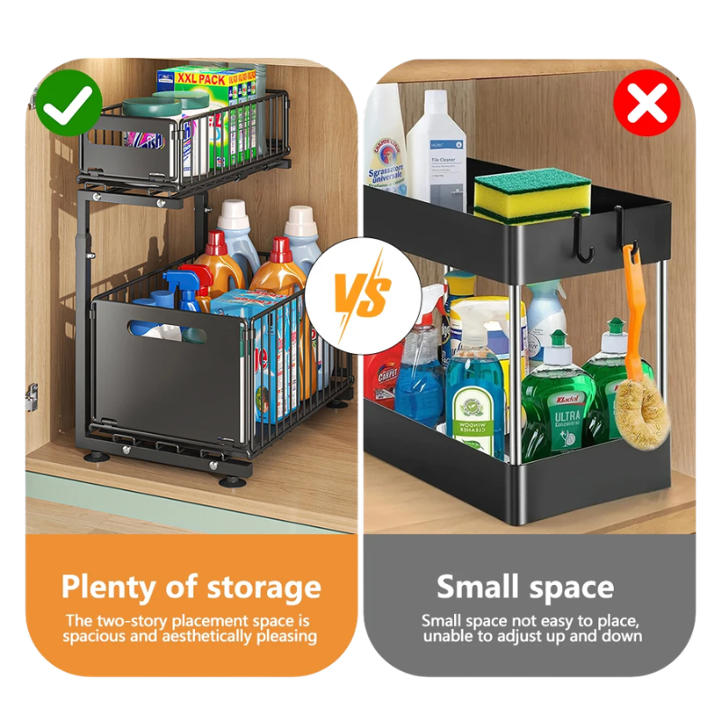 2 Tier Black Pull Out Cabinet Organizer Adjustable Under Sink Storage Rack
