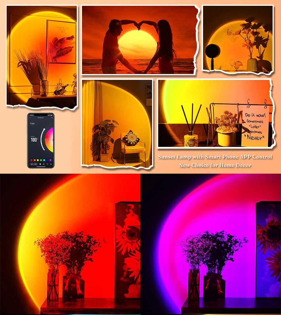 Smart RGB Sunset Projection Lamp with App Control Remote and USB Powered Mood Lighting