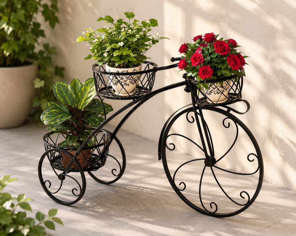 3 Tier Bicycle Plant Stand Wrought Iron Tricycle Flower Pot Holder Indoor Outdoor Black