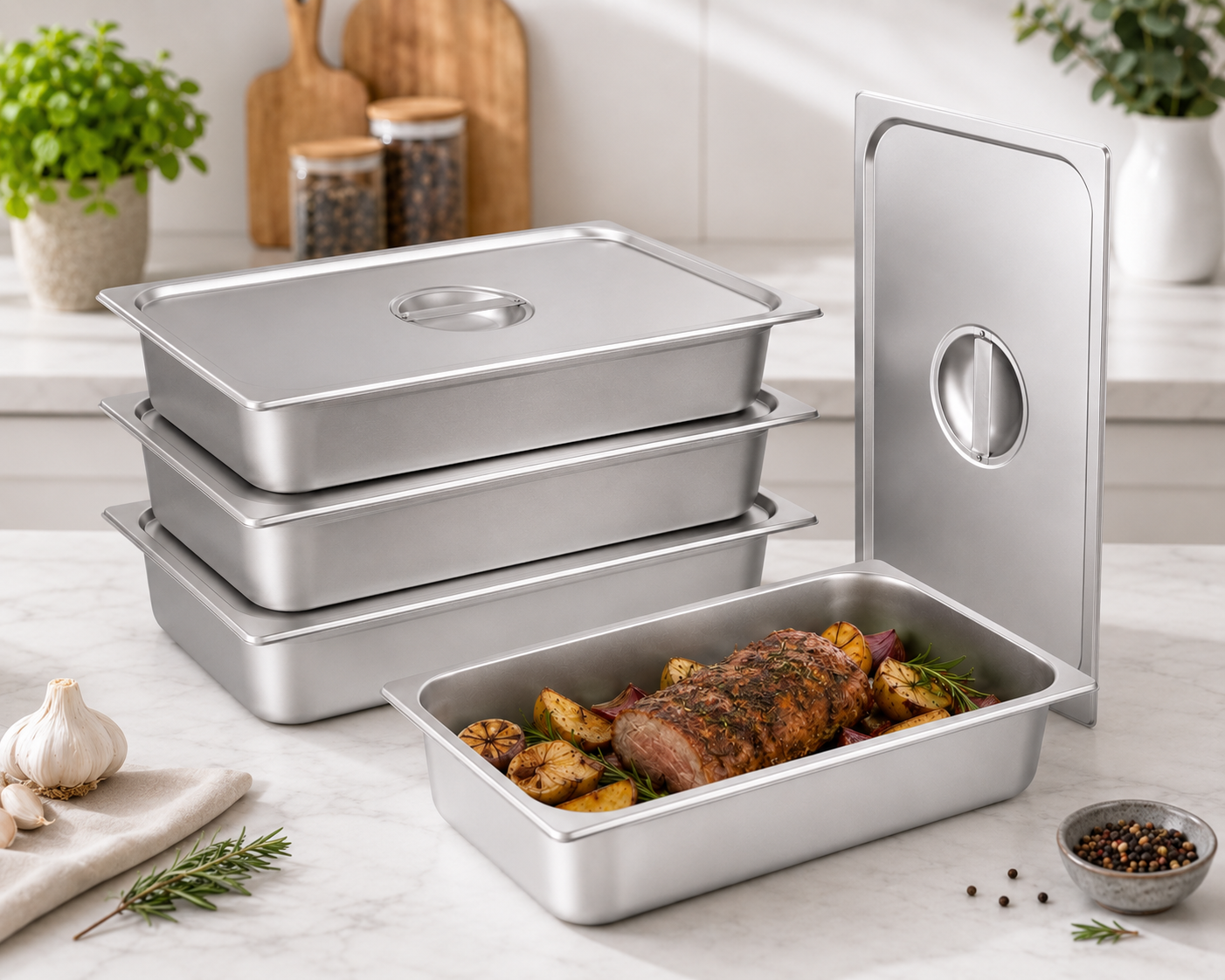 4 Pack Full Size Steam Table Pan 4 Inch Deep Stainless Steel with Lid Food Storage Set