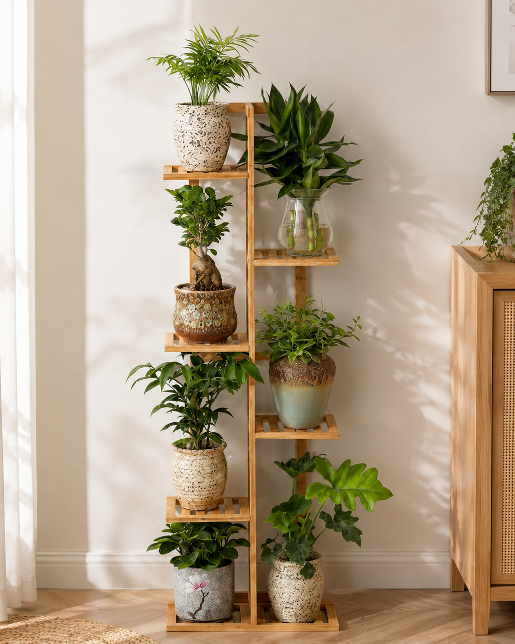6 Tier Bamboo Plant Stand Vertical Shelf 7 Pots Indoor Outdoor Display Rack