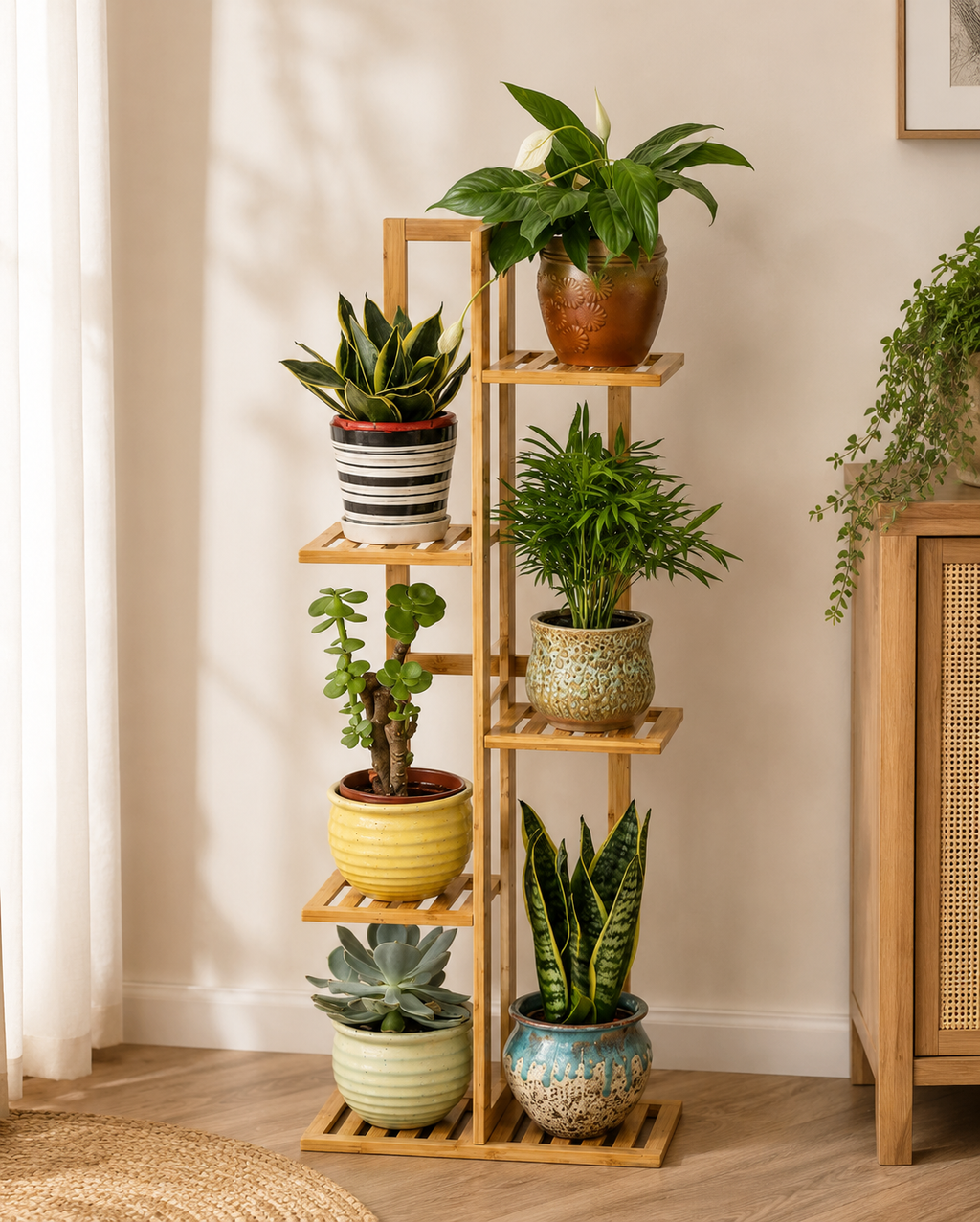 5 Tier Bamboo Plant Stand Vertical Shelf 6 Pots Indoor Outdoor Display Rack