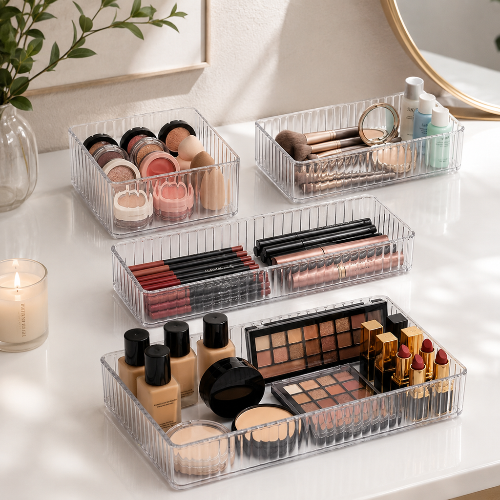 4 Piece Clear Drawer Organizer Set Plastic Storage Boxes Multi Size Makeup Bathroom Desk