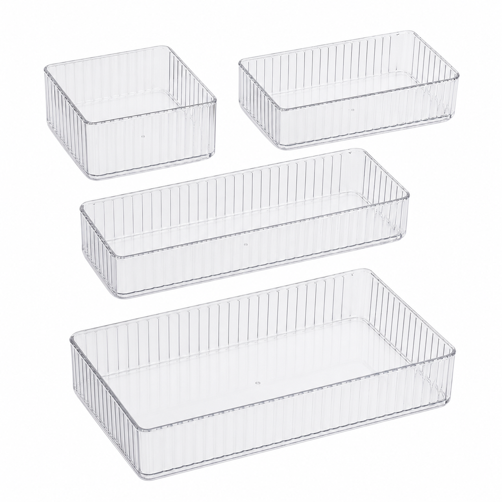 4 Piece Clear Drawer Organizer Set Plastic Storage Boxes Multi Size Makeup Bathroom Desk