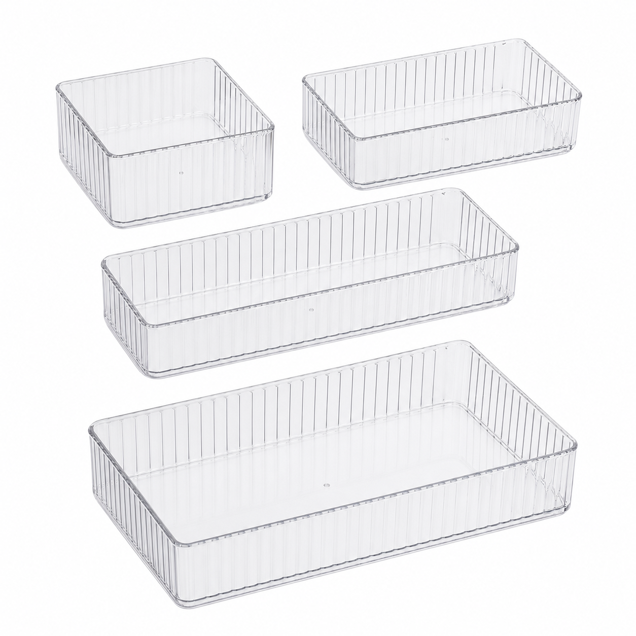 4 Piece Clear Drawer Organizer Set Plastic Storage Boxes Multi Size Makeup Bathroom Desk