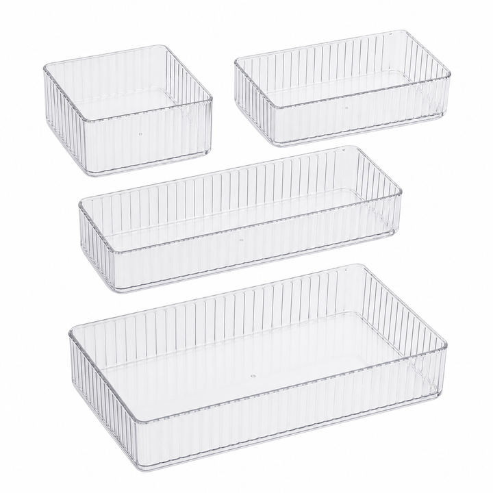 4 Piece Clear Drawer Organizer Set Plastic Storage Boxes Multi Size Makeup Bathroom Desk