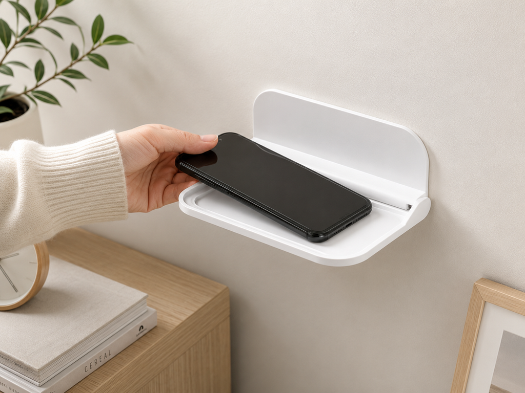 White Folding Wall Mounted Shelf Punch Free Storage Rack Phone Holder Space Saving
