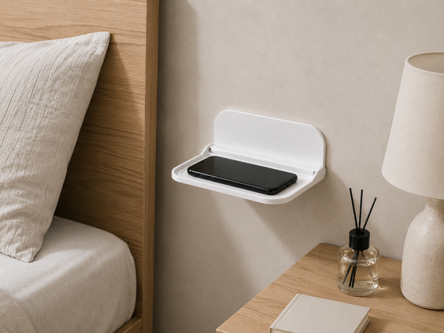White Folding Wall Mounted Shelf Punch Free Storage Rack Phone Holder Space Saving