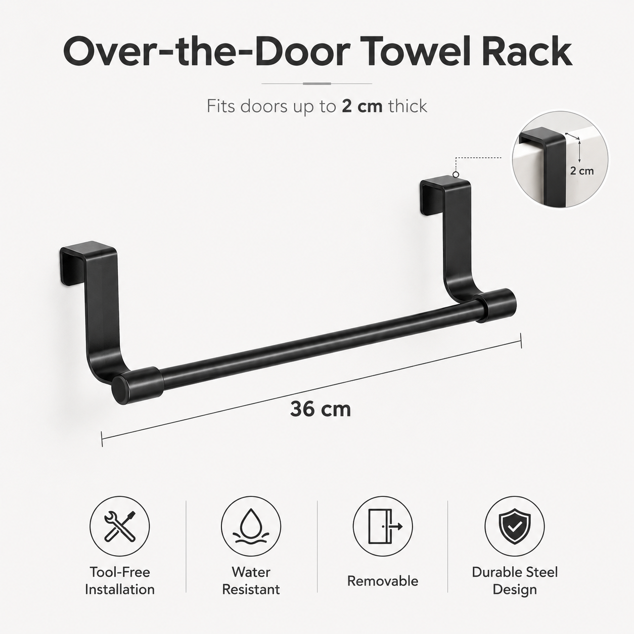 36CM Black Over Cabinet Towel Rack Stainless Steel Dishcloth Holder Hanging Rack