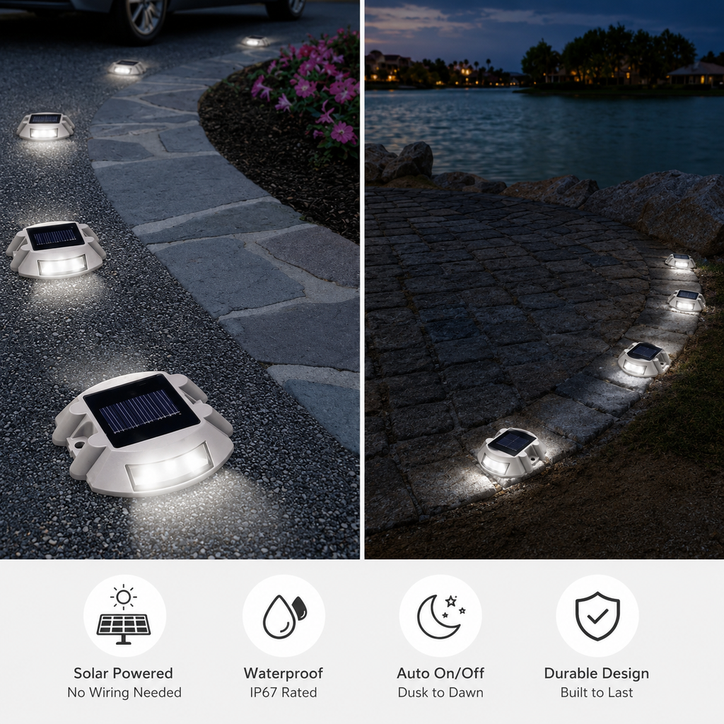 Solar Powered LED Driveway Light WHITE 6 LED Waterproof Aluminum Outdoor Pathway Road Marker