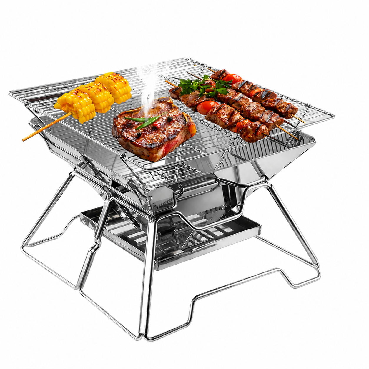 2-in-1 Portable Stainless Steel BBQ Grill and Fire Pit Foldable Outdoor Camping Cooker