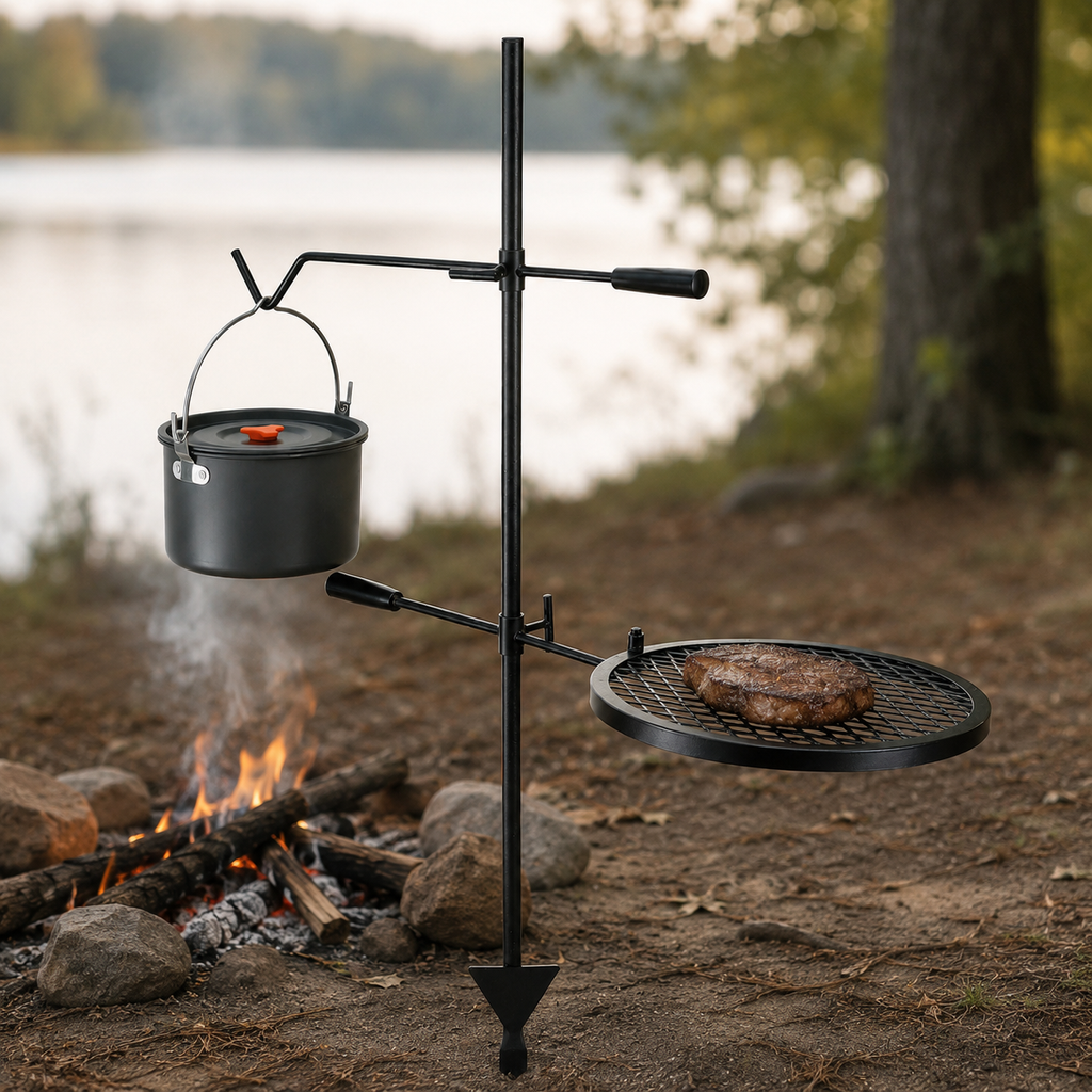 Portable Swivel Campfire Grill Rack Heavy Duty Steel Cooking Grate for Camping Picnic Beach