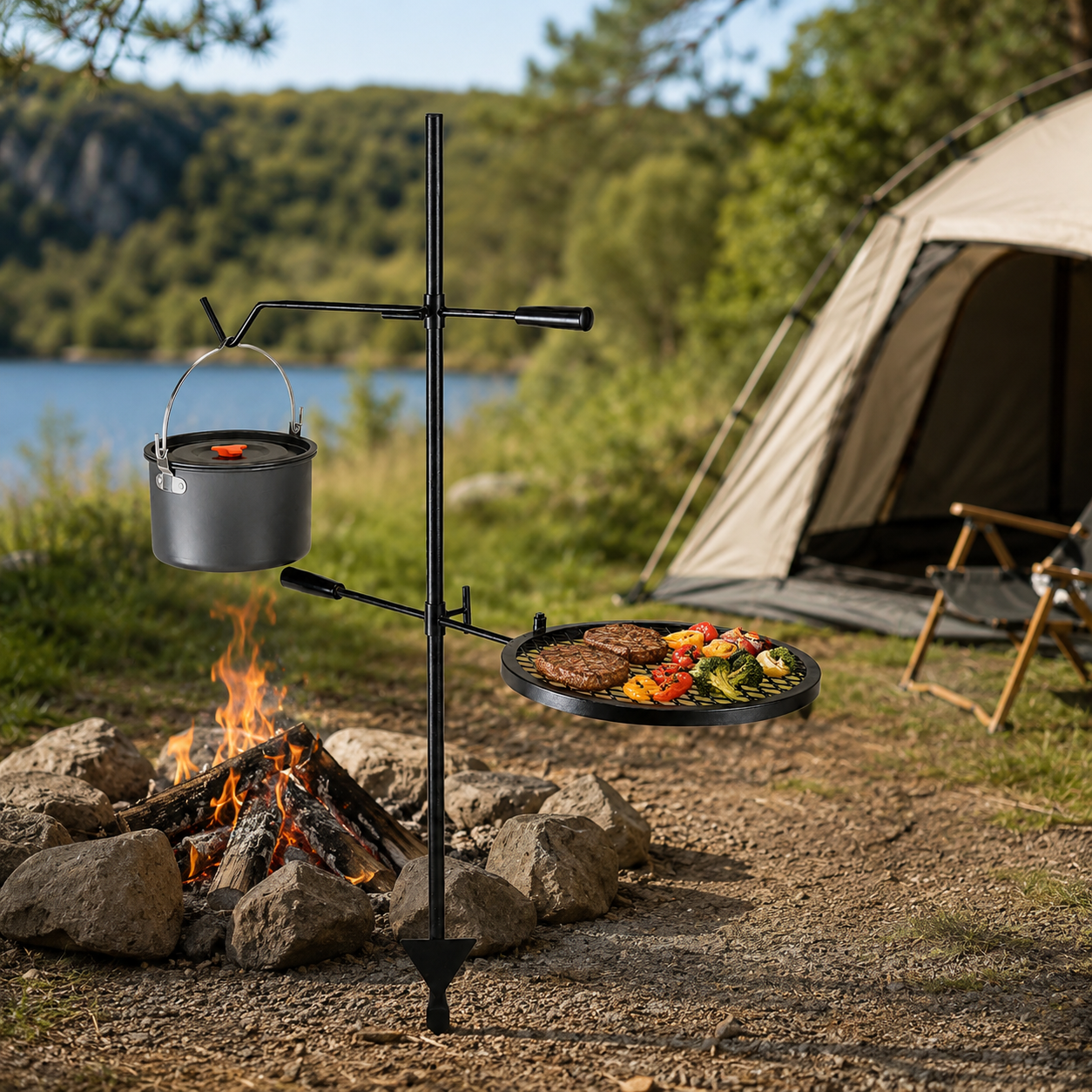 Portable Swivel Campfire Grill Rack Heavy Duty Steel Cooking Grate for Camping Picnic Beach