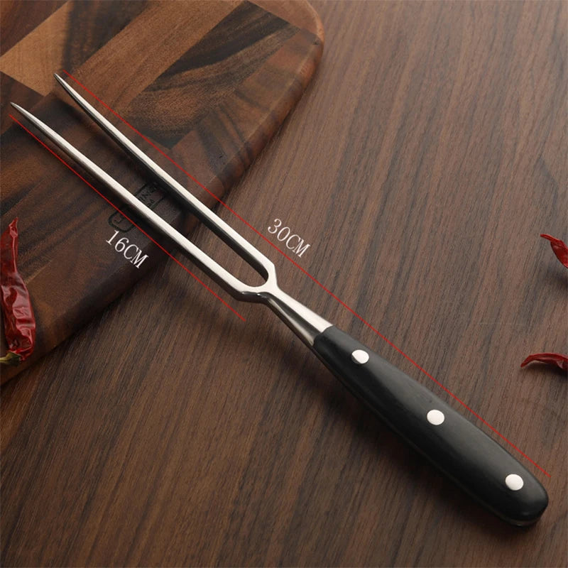 Stainless Steel BBQ Fork Black with Wooden Handle Portable Grill Cooking Tool