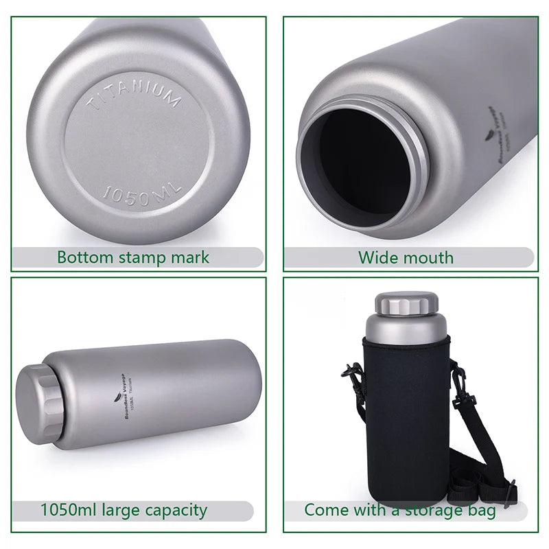 1050ml Titanium Water Bottle with Hook Leak-Proof Outdoor Camping Flask