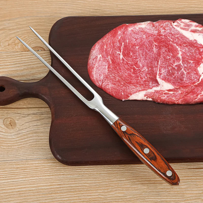 Stainless Steel BBQ Fork with Wooden Handle Portable Grill Cooking Tool