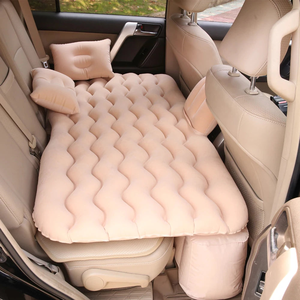 Inflatable Beige Car Travel Mattress Bed with Pillows for Back Seat Sleeping Camping Road Trips and Outdoor Adventures
