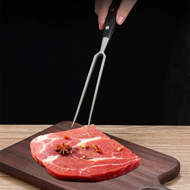 Stainless Steel BBQ Fork Black with Wooden Handle Portable Grill Cooking Tool
