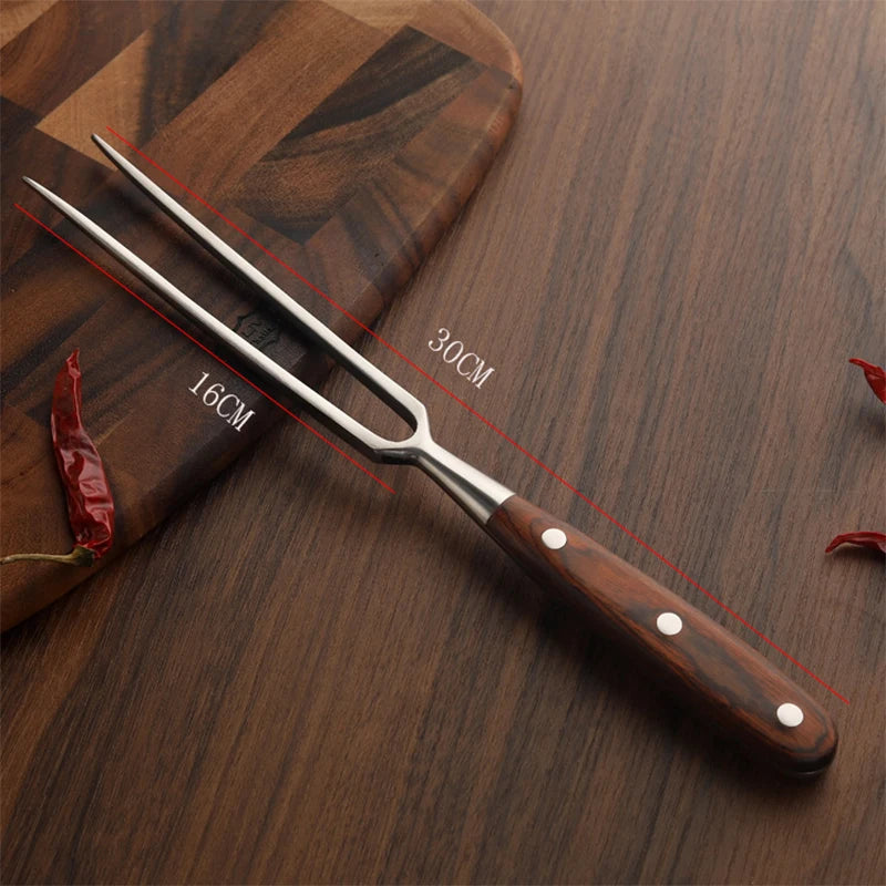 Stainless Steel BBQ Fork with Wooden Handle Portable Grill Cooking Tool