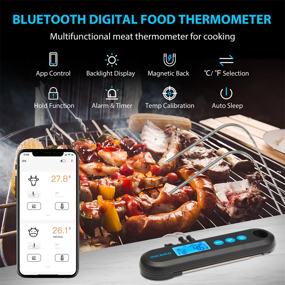 Bluetooth Rechargeable Meat Thermometer with 2 Probes Digital BBQ Cooking Thermometer