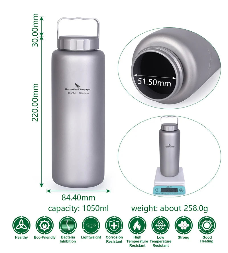 1050ml Titanium Water Bottle with Hook Leak-Proof Outdoor Camping Flask