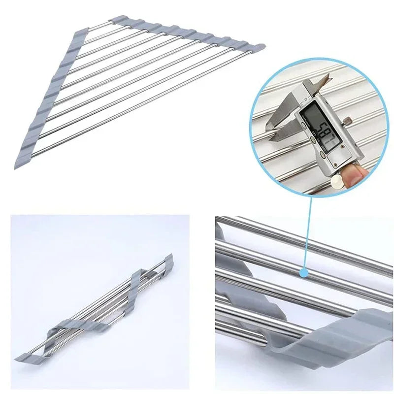 Gray Roll Up Triangle Dish Drying Rack Stainless Steel Corner Sink Organizer