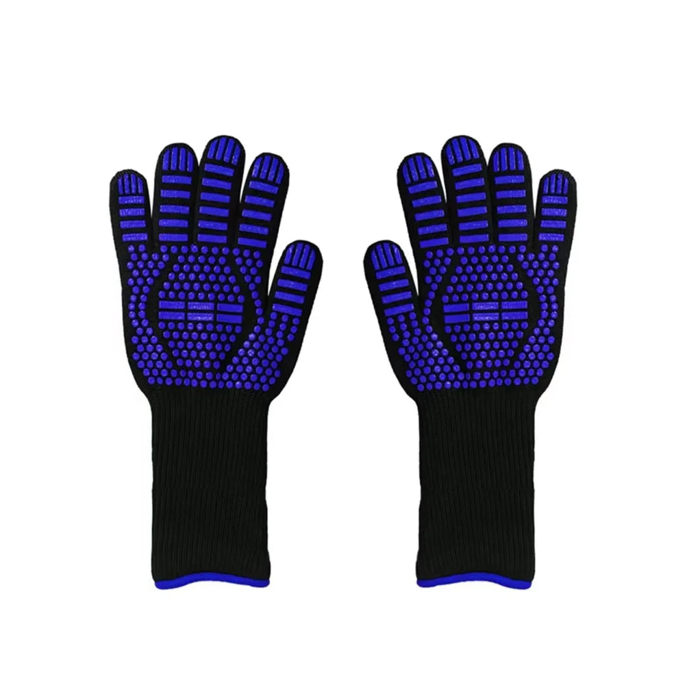 2 Piece BBQ Gloves Blue Heat Resistant Non-Slip Cooking Gloves for Grilling Baking and Outdoor Cooking