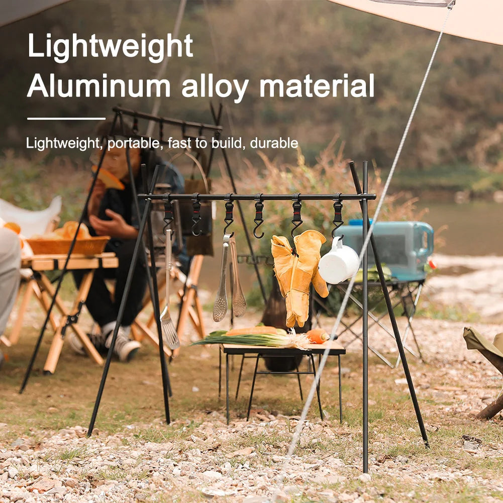 Portable Large Camping Hanging Rack Foldable Aluminum Alloy Cookware Storage Rack with Hooks for BBQ Hiking and Picnic