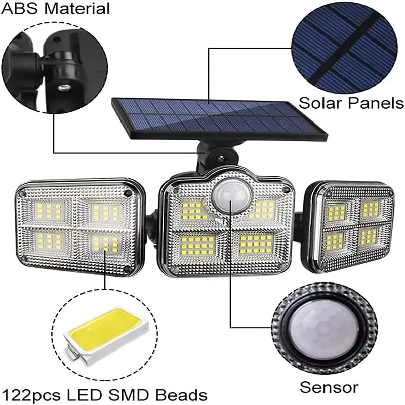 Solar Powered LED Security Light with Motion Sensor Adjustable Panels IP65 Waterproof 122 LED