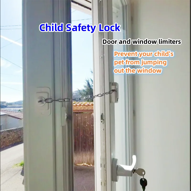 Adjustable Window and Door Restrictor Lock with Chain for Cabinets Refrigerators and Home Use