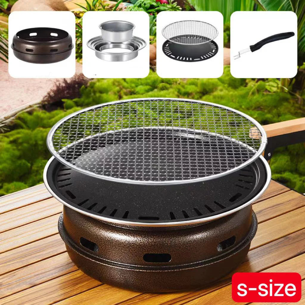 Portable Korean Style Small Round Charcoal BBQ Grill with Hob Pan and Net Tabletop Grill for Camping Picnic and Backyard Cooking
