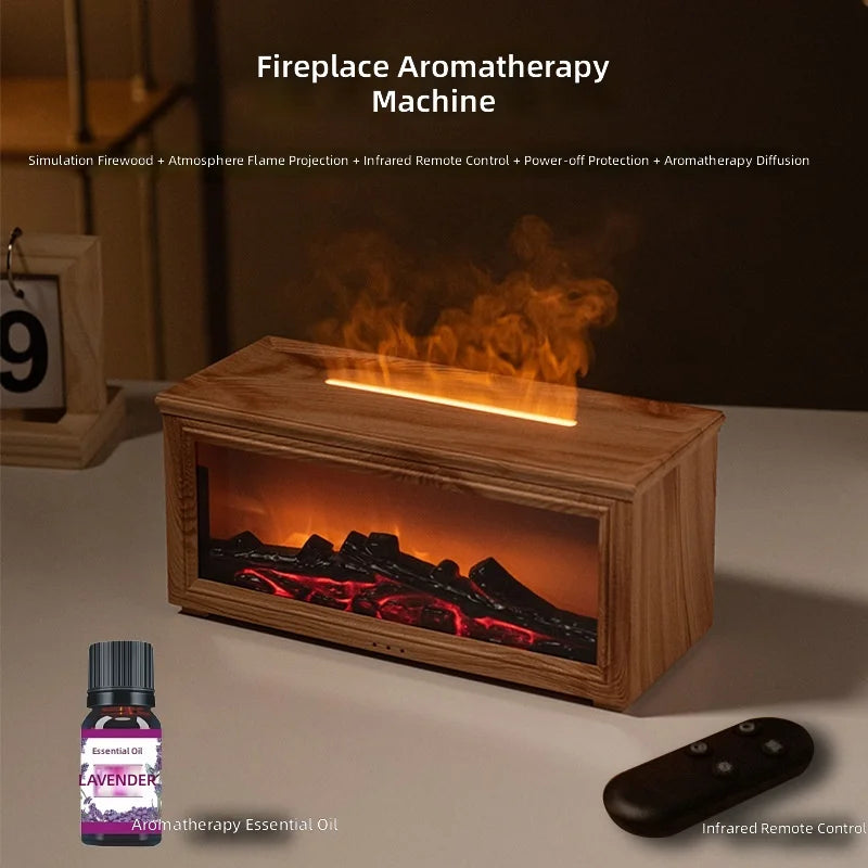 Fireplace Style Aromatherapy Diffuser Walnut Automatic Mist Humidifier with Flame Effect and Remote Control