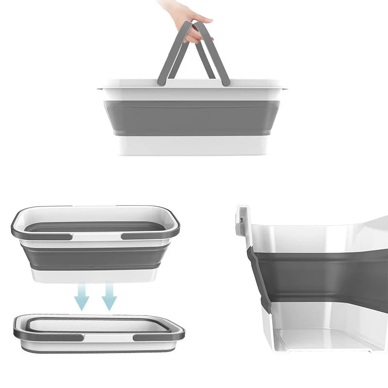 Collapsible Gray Plastic Bucket Foldable Mop Bucket Laundry Basket with Handle for House Cleaning and Storage