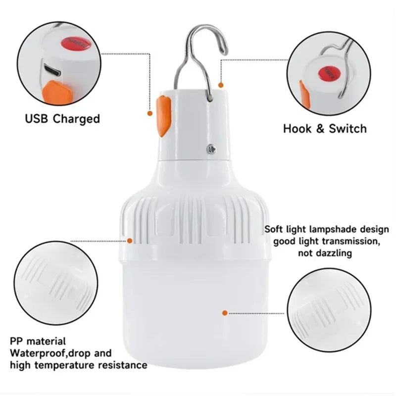 Portable USB Rechargeable LED Hanging Light Bulb for Camping Fishing Emergency