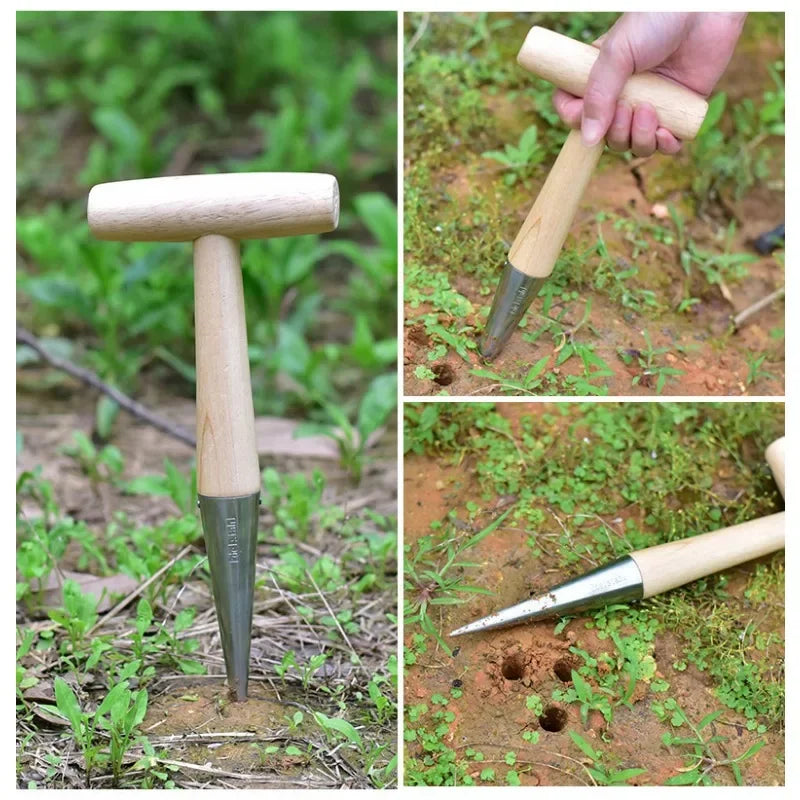 Garden Hand Seeder Heavy Duty Stainless Steel Wooden Handle Hole Digging Tool for Planting and Transplanting