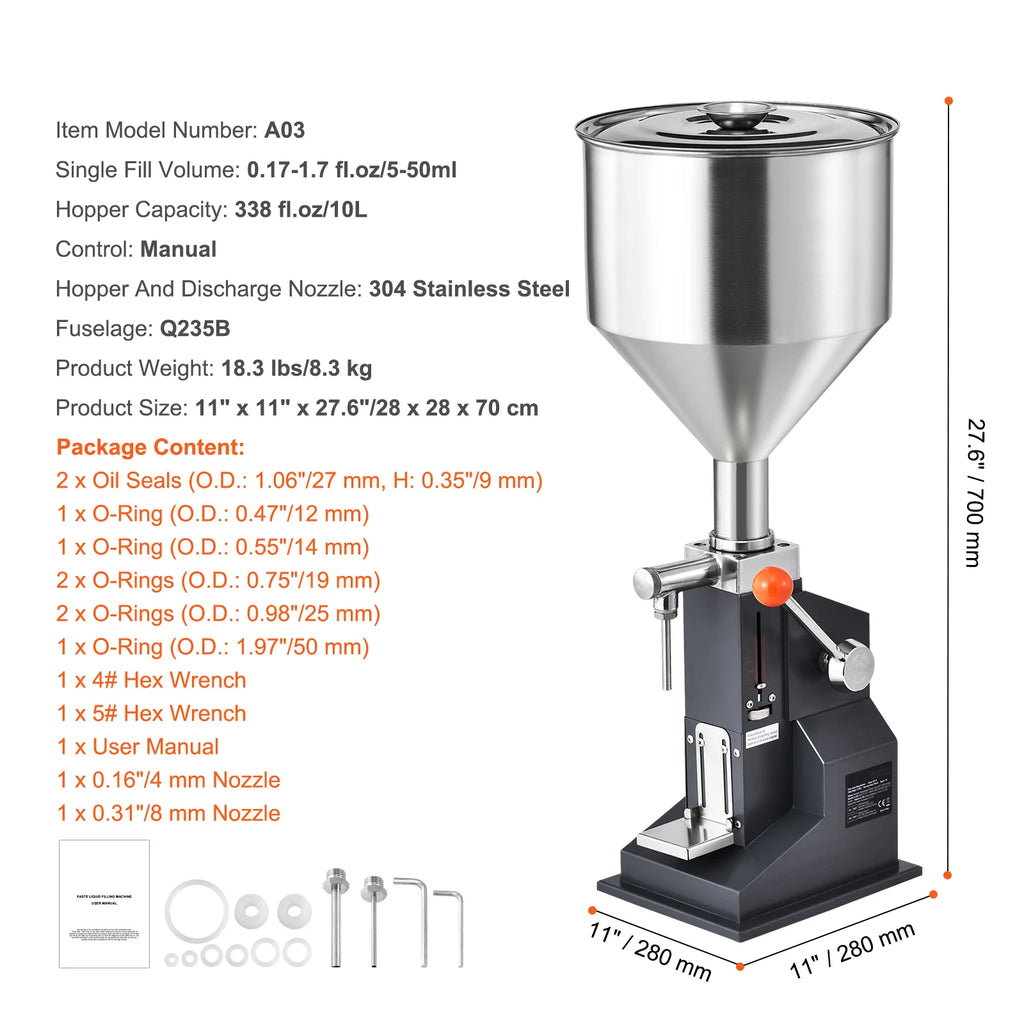 Manual Liquid Filling Machine 5-50ml Bottle Filler Stainless Steel with Foot Pedal