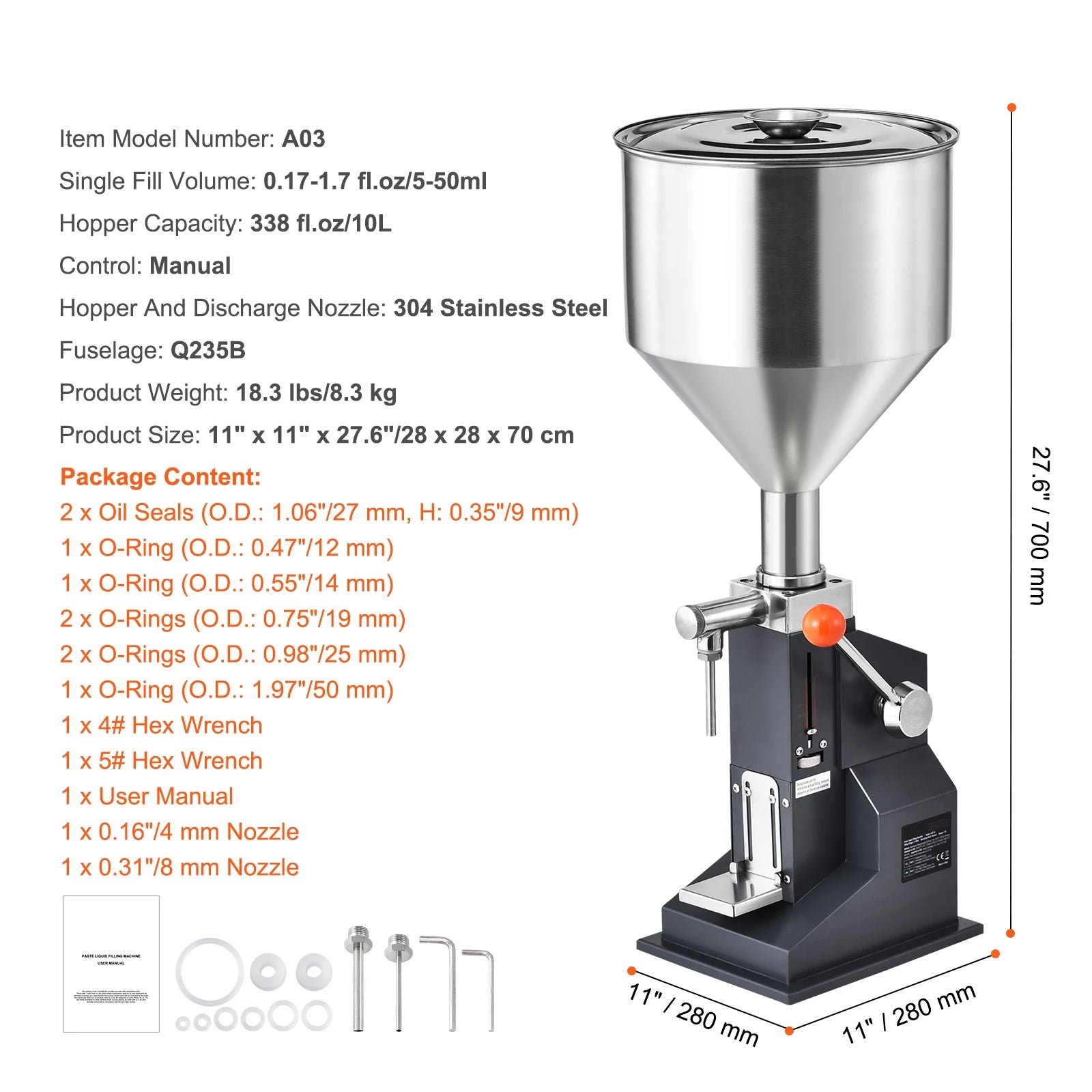 Manual Liquid Filling Machine 5-50ml Bottle Filler Stainless Steel with Foot Pedal