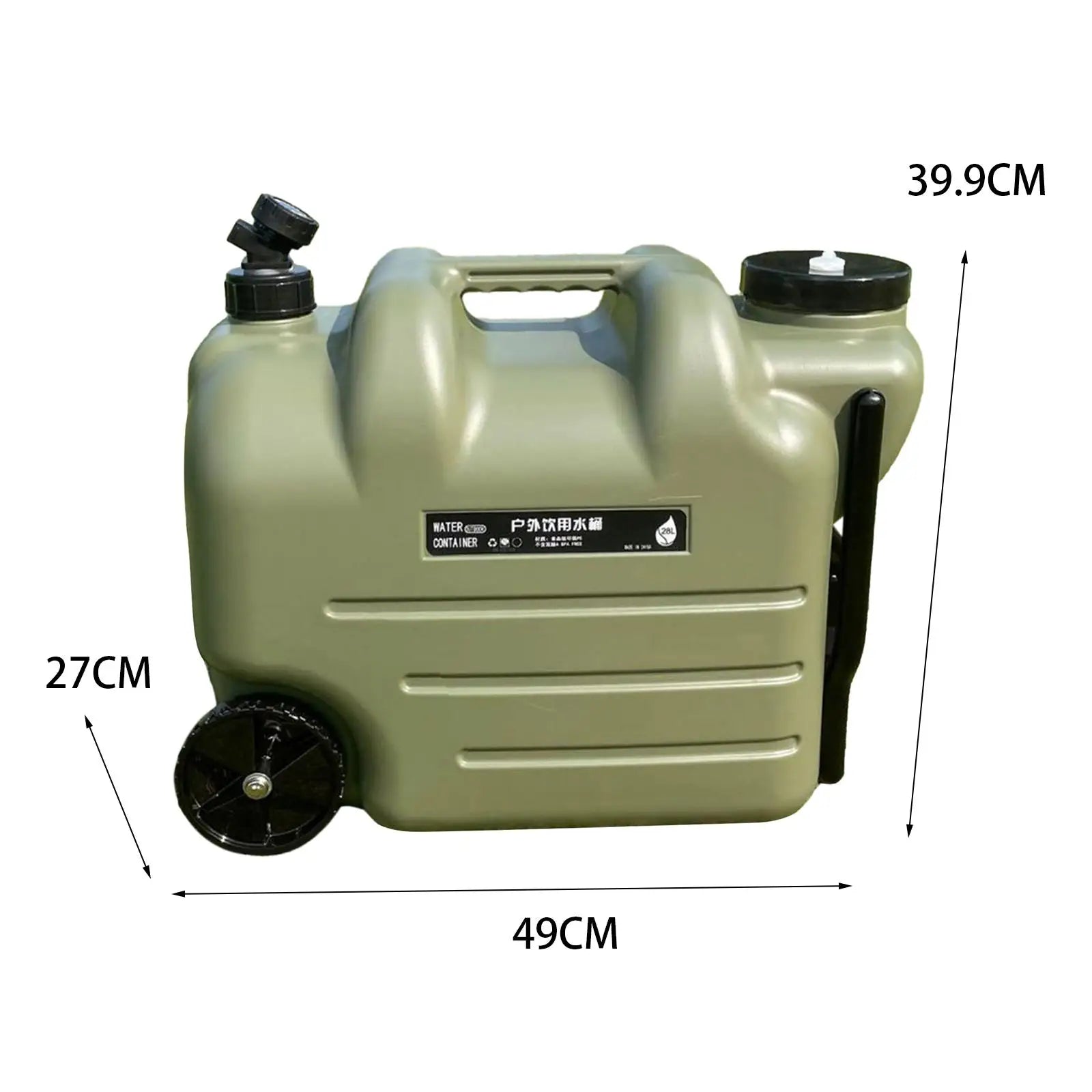 Portable 28L Green Water Storage Container with Wheels Tap and Screw Lid for Camping Travel